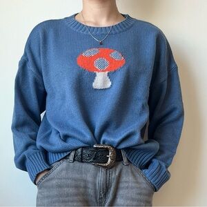 Blue Sweater with Mushroom Design
